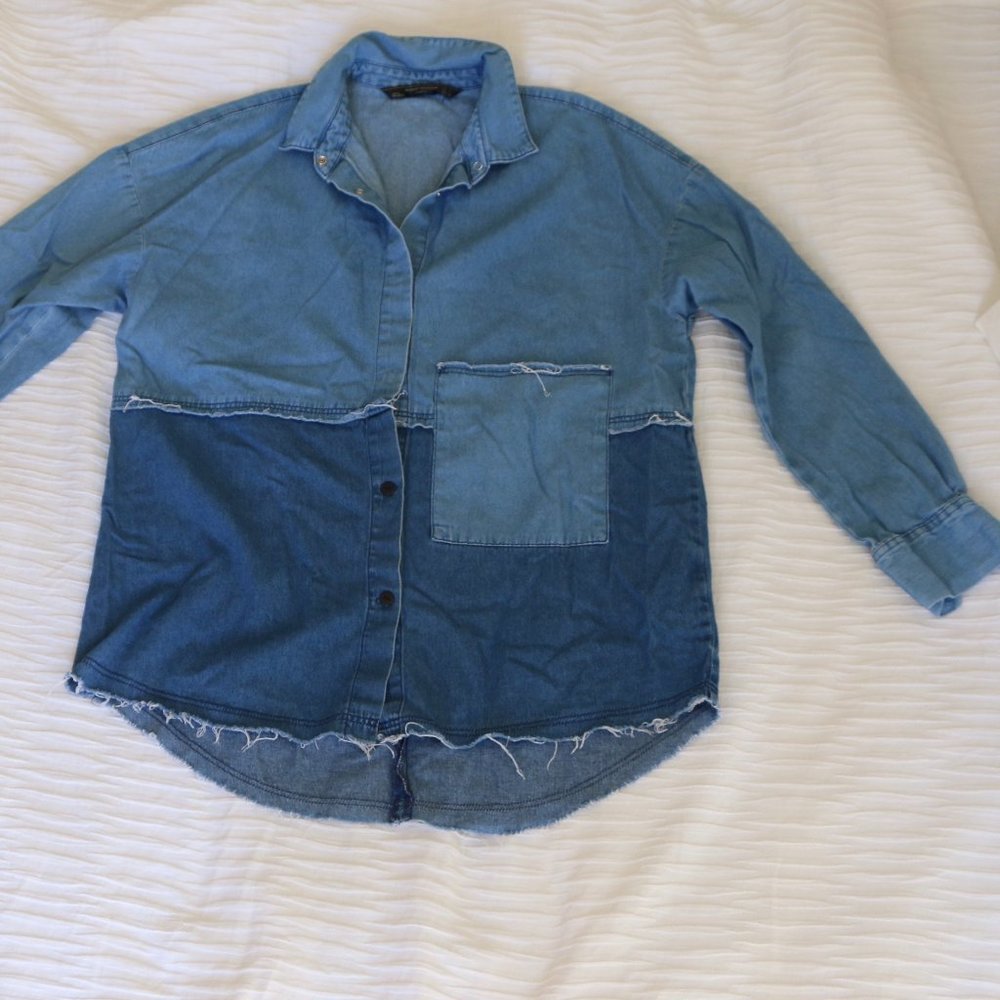 Denim Button-Up Shirt with Raw Hem
